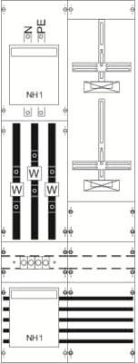Diagramm eines elektrischen Schaltschranks mit Abschnitten für NH-Sicherung, Sammelschienen und Schutzleiter.
