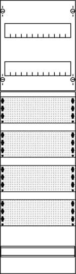 Ein rechteckiges Diagramm bestehend aus sieben horizontalen Abschnitten, von oben nach unten. Der dritte bis sechste Abschnitt hat regelmäßig angeordnete Punkte.
