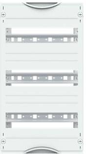 Eine leere, weiße Verteilerbox mit drei horizontalen Reihen für die Montage von elektrischen Komponenten in einem Schaltkasten.