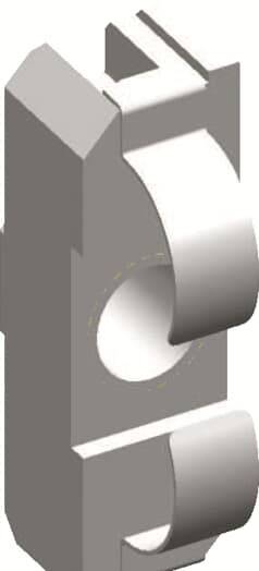 Ein graues, dreidimensionales, mechanisches Bauteil mit runden Aussparungen und seitlichen Klemmen.