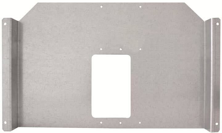 Metallplatte mit rechteckiger Öffnung in der Mitte und mehreren Schraubenlöchern, geeignet für Montage oder Konstruktion.