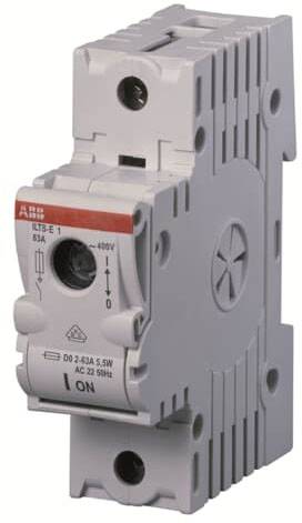 Leitungsschutzschalter für elektrische Schaltkästen, graues Gehäuse, mit EIN/AUS-Schalter, Nennstrom 63A, Spannung 400V.
