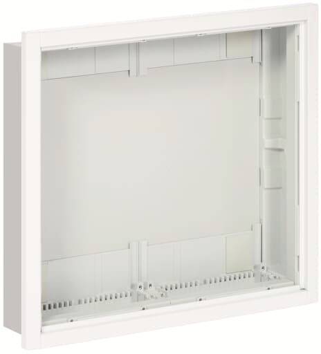 Ein leerer, weißer Metallkasten, möglicherweise ein Verteilerkasten oder eine Anschlussbox, ohne sichtbare Anschlüsse oder Bauteile.