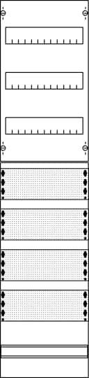 Diagramm eines Kabelbelegungsschaltschranks mit nummerierten Anschlusspunkten. Verschiedene Anschlussreihen und Beschriftungsfelder.