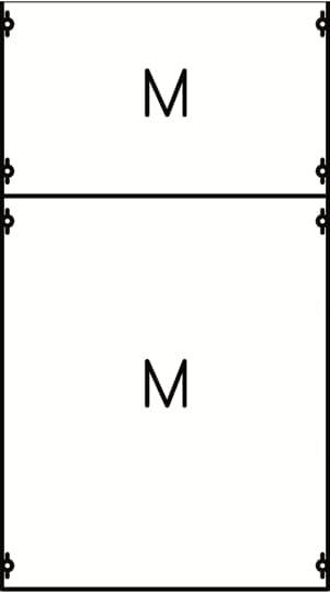 Zwei rechteckige Bereiche mit dem Buchstaben M in der Mitte, getrennt durch eine horizontale Linie. Verzierungen an den Ecken.