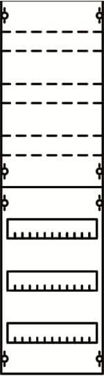 Ein Diagramm mit zwei Abschnitten: Oben parallele gestrichelte Linien, unten parallele volle Linien mit kurzen senkrechten Markierungen.