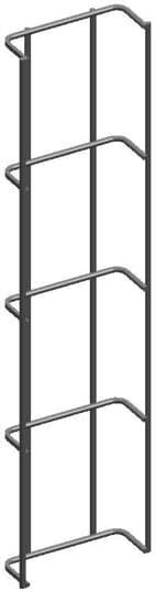 Eine gerade Steigleiter aus Metall mit fünf Sprossen und Sicherheitsbügeln. Geeignet für industrielle Anwendungen.