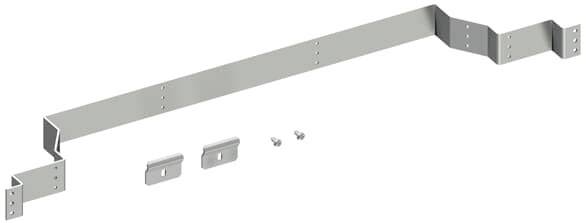 Metallwinkel mit Schrauben und Halterungen, vermutlich für die Wandmontage oder den Einsatz in einer Konstruktion.