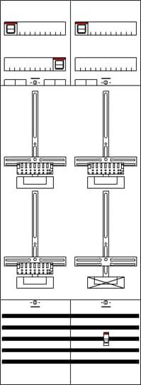 Technische Zeichnung: Vier identische Maschinen mit Lineal- und Balkenmarkierungen, schematisch zur Größen- oder Kapazitätsmessung.