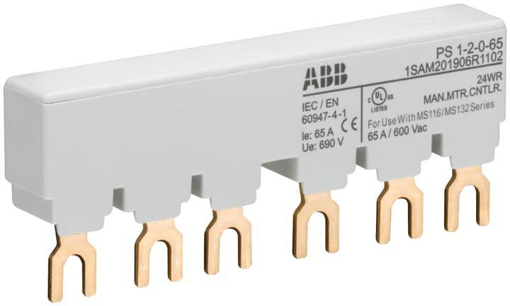Ein graues elektrisches Bauteil mit fünf kupferfarbenen Kontakten, beschriftet mit 'ABB PS 1-2-0-65' für 65A/690V Anwendungen.
