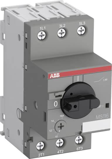 Ein grauer Motorschutzschalter der Marke ABB, Typ MS116, mit Schalter für die Einstellung von Stromstärken bis 16A.