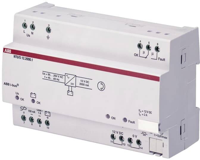'ABB i-bus NT/US 12.2000.1 Netzteil: Versorgung 12V DC, Ausgang 2000mA, montiert auf DIN-Schiene, enthält Status-LEDs und Anschlüsse.'