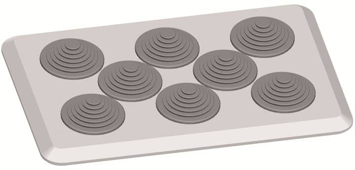 Abbildung von acht runden, aufsteigenden Noppen in zwei Reihen. Einsatz in taktilen Leitplatten für Barrierefreiheit.