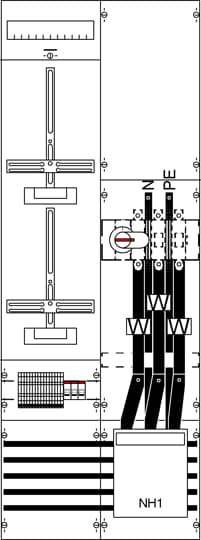 Schaltplan eines elektrischen Verteilers mit Sicherungen, Leitungsklemmen und markierten Kabeln für Neutralleiter (N), Phase (PE) und Erdung.