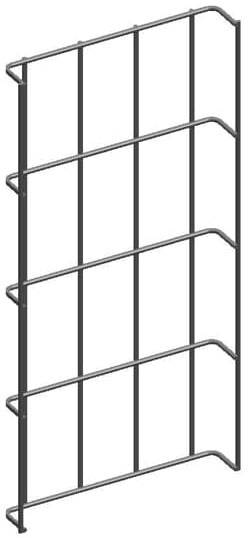 Metallstruktur mit drei horizontalen und fünf vertikalen Stangen, rechtwinklig gebogen. Mögliche Verwendung in einem Regal oder Zaun.