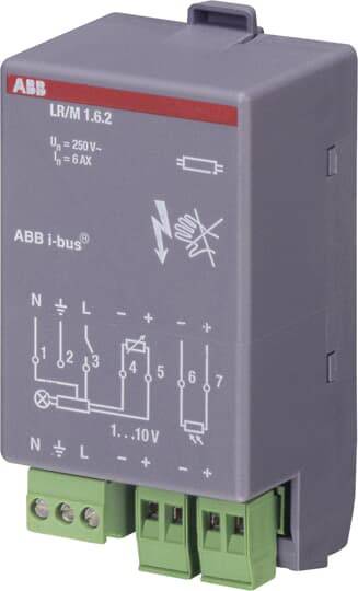 Ein ABB I-bus KNX Gerät mit technischen Spezifikationen und Schaltbild auf der Vorderseite. Geeignet für die Steuerung elektrischer Systeme.
