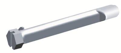 Eine silberne Schraube mit einem sechseckigen Kopf, schwebend vor weißem Hintergrund.