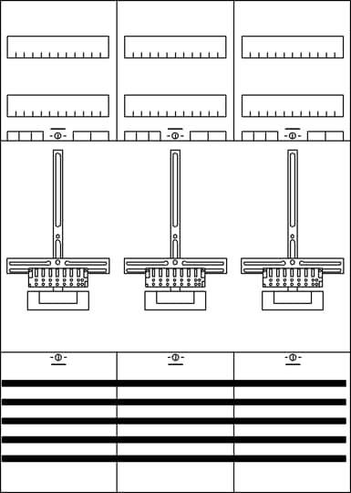 Technische Zeichnung von dreistöckigen Gebäudegrundrissen mit vertikalen und horizontalen Linien, Ziffern zeigen Maße an.