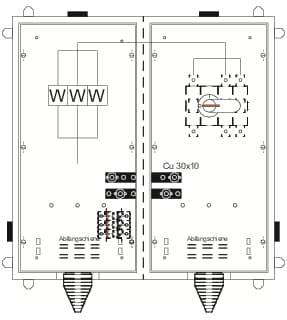 Skizze eines elektrischen Schaltkastens mit Anschlüssen und Beschriftungen. Zeigt Schaltpläne und technische Komponenten.