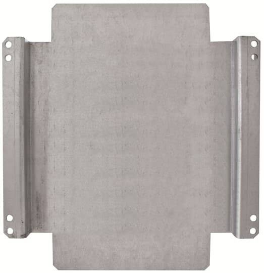 Metallplatte mit vier Befestigungslöchern an den Ecken. Es scheint sich um ein Konstruktionsbauteil zu handeln.