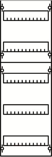 Ein Diagramm zeigt fünf horizontale elektrische Widerstände in Reihe geschaltet, verbunden durch Drähte, mit Skalen über jedem Widerstand.