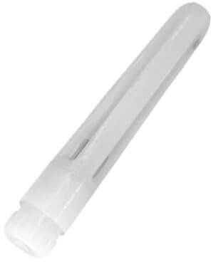 Weißer Plastikstift oder Behälter auf weißem Hintergrund, leicht schräg nach oben gerichtet.