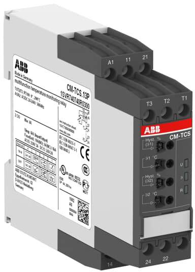 'ABB Überwachungsrelais CM-TCS.13P' zeigt ein elektrisches Gerät mit Schraubklemmen und Einstellknöpfen zur Überwachung elektrischer Parameter.