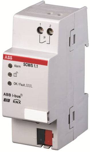 Schaltaktor-Modul von ABB i-bus® KNX mit zwei Anschlüssen oben, LED-Anzeigen für Alarm und Status, weiß-graues Gehäuse.