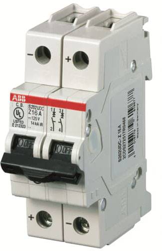 Ein zweipoliger Sicherungsautomat, mit Schaltern auf 'Off'. Markierungen zeigen Polarität und elektrische Spezifikationen an.