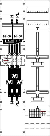 Ein Schaltplan zeigt eine elektrische Hauptverteilung, einschließlich NH00-Sicherungen, Phasenkennzeichnung 'N' und 'PE', sowie Vertikal- und Horizontalansichten der Verdrahtung.