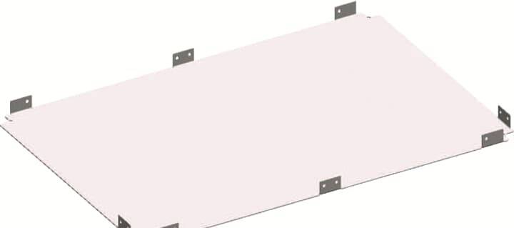 Rechteckige Montageplatte mit zahlreichen Befestigungslaschen an den Rändern, in einer neutralen Farbe gehalten.