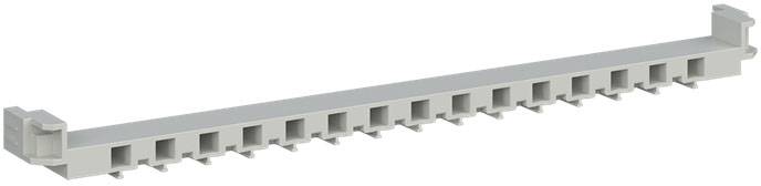 Ein grauer, langer Kunststoffstecker mit mehreren Anschlüssen in einer Reihe, möglicherweise für elektronische Geräte.