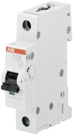 Leistungsschalter mit schwarzem Hebel, weißem Gehäuse und rotem 'ABB'-Logo, für elektrische Schutzanwendungen in Gebäuden.