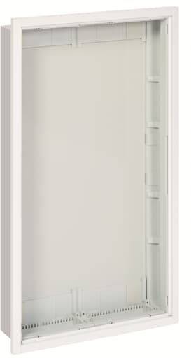 Leeres rechteckiges Metallgehäuse für elektrische oder technische Installationen, weiß lackiert, geöffnet.