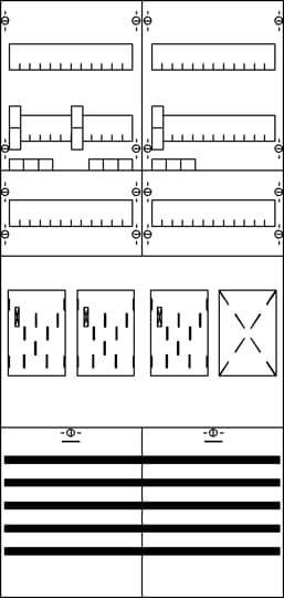 Diagramm eines Schaltschranklayouts mit Schaltern, Sicherungen und Verteilerleisten. Oben sind vier Schaltblenden, unten drei Zugangstüren.