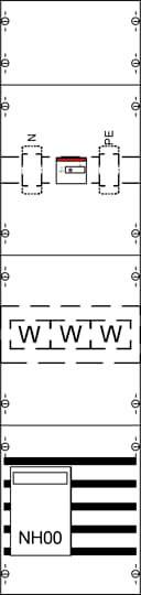 Diagramm zeigt Schaltplan mit Sicherung NH00, Verbindungspunkte N und PE, und gekennzeichnetem Abschnitt 'WWW'.