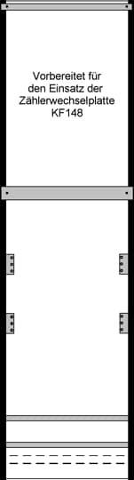 Elektrisches Schaltschrankteil mit der Aufschrift 'Vorbereitet für den Einsatz der Zahlenwechselplatte KF148', gezeigt in einer schematischen Zeichnung.