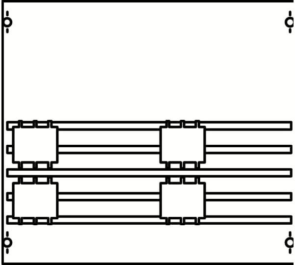 Technisches Diagramm mit vier verbundenen rechteckigen Komponenten, die horizontal in zwei Reihen angeordnet sind.