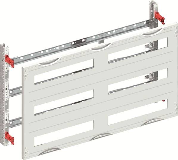 Metallrahmen mit weißen vertikalen Platten und roten Clips, möglicherweise Teil eines Wandmontagesystems oder Regals.