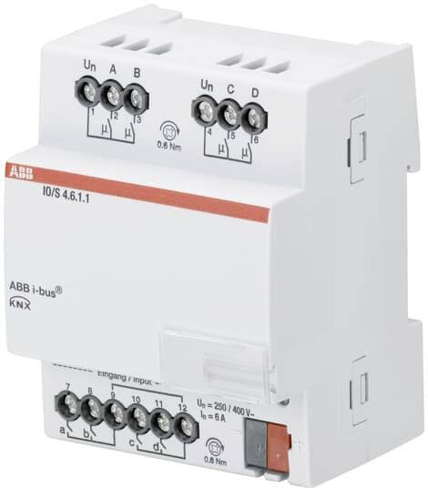 Ein weißer ABB i-bus KNX-Schaltaktor mit acht Anschlusspunkten, auf einer Hutschiene montierbar, für die elektrische Steuerung in Gebäuden.