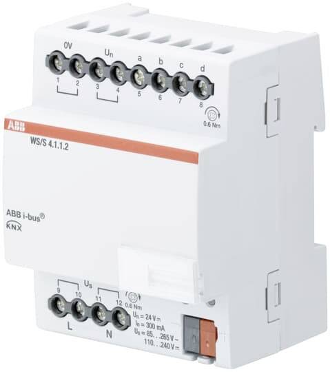 Ein weißes elektrisches KNX-Modul mit mehreren Anschlüssen, beschriftet mit 'ABB i-bus' und Modellnummer 'WS/S 4.1.1.2', verwendet für Gebäudesteuerungssysteme.