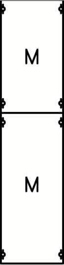 Zwei vertikal angeordnete weiße Rechtecke mit markierten Ecken und dem Buchstaben 'M' in der Mitte jedes Rechtecks.