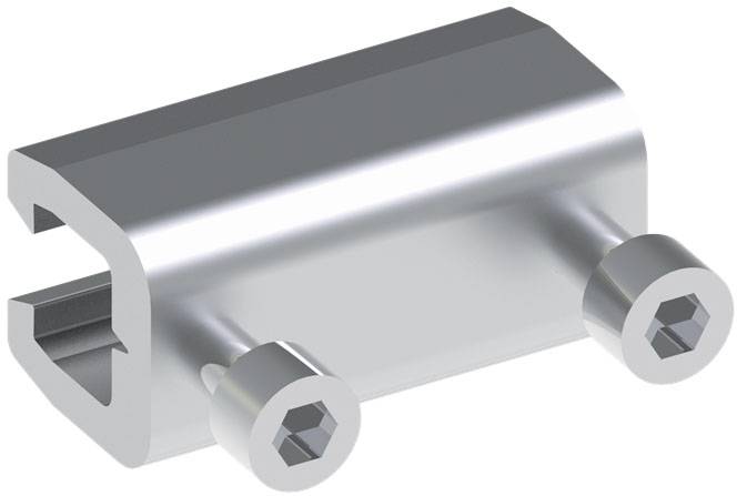 Metallisches Verbindungsstück mit zwei seitlichen Schraubverschlüssen, verwendet zur Befestigung oder Verbindung von Strukturen.