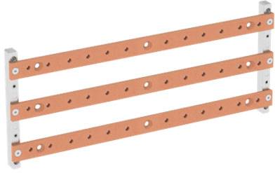 Drei orangefarbene Metallstreben sind parallel nebeneinander angeordnet und von zwei vertikalen, grauen Halterungen gehalten.