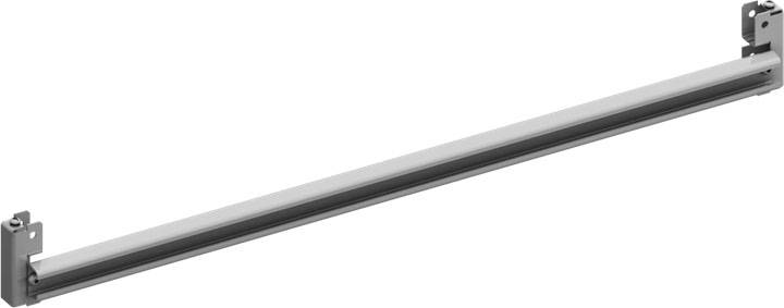 Ein weißer Stab mit grauen Enden, waagerecht befestigt, möglicherweise Teil eines mechanischen oder technischen Geräts.