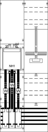 Elektrischer Schaltplan mit Sicherungsbox, Drähten und Verbindungen. Oben links: NH1 Sicherung; unten: verschiedene Anschlussklemmen.