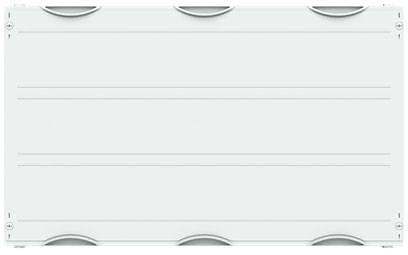 Weiße, leere Tafel mit abgerundeten Ecken und grauen Halterungen an den Seiten, geeignet für Präsentationen oder Notizen.