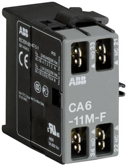 Ein elektrischer Schütz mit schwarzem Gehäuse und silbergrauer Vorderseite. Aufschrift 'CA6-11M-F'. Verbindungsanschlüsse oben und unten.