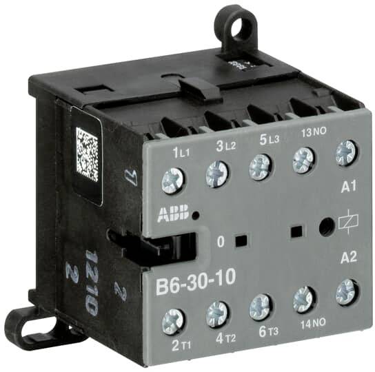 Ein elektrischer Schütz mit der Beschriftung 'ABB B6-30-10', zeigt Anschlüsse für Steuer- und Laststromkreise.