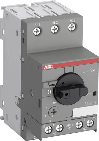 Ein grauer Leistungsschalter mit schwarzem Drehknopf, beschriftet 'ABB MS116', dient zur Steuerung und Schutz elektrischer Stromkreise.